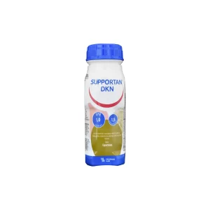 Vista frontal de una botella de Supportan DKN sabor Capuchino.