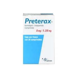 Vista frontal de una caja de preterax 5mg.