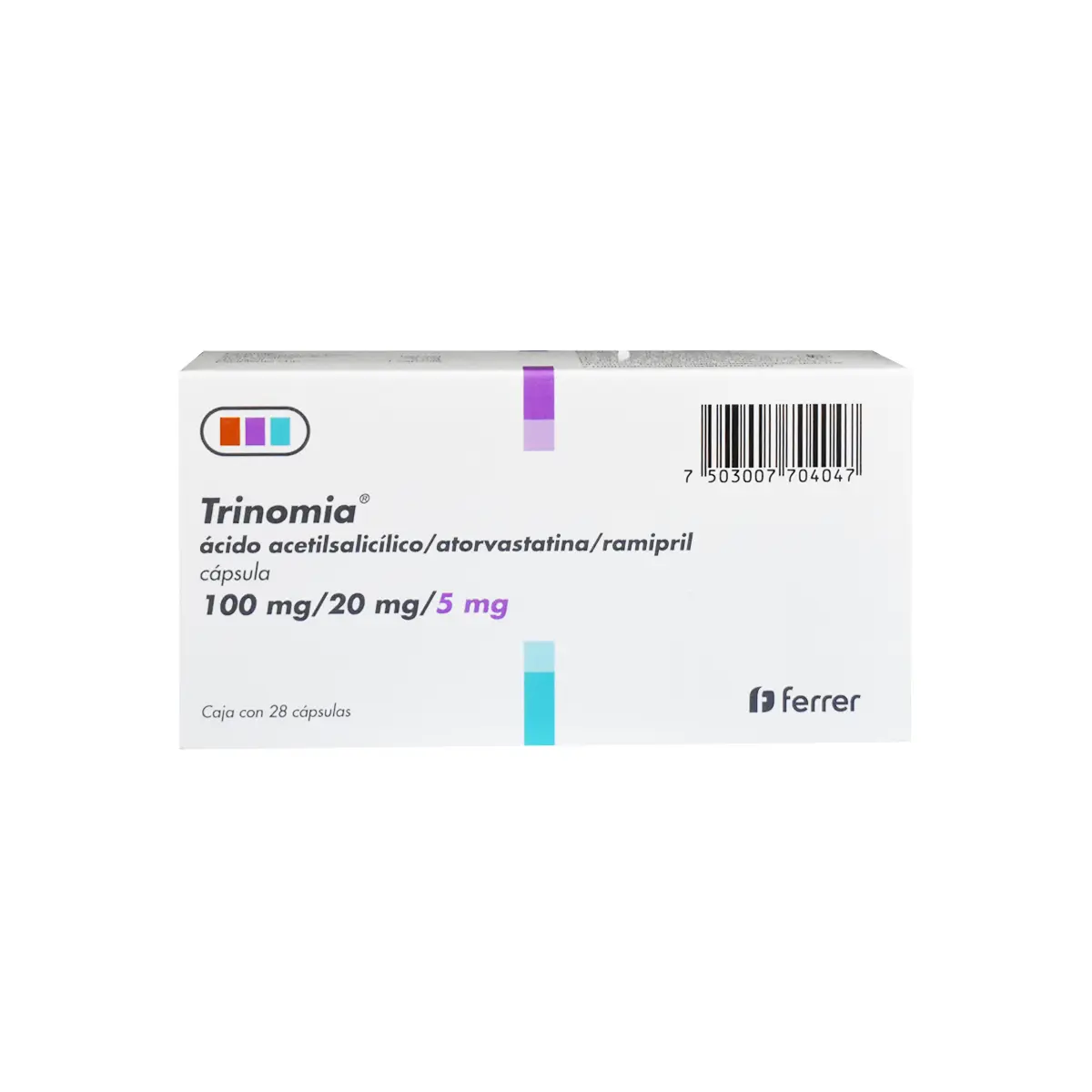 Vista frontal de una caja de Trinomio 5mg.