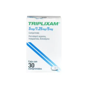 Vista frontal de una caja de Triplixam 5mg/1.25mg/5mg.