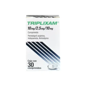 Vista frontal de una caja de Triplixam 10mg/2.5mg/10mg.