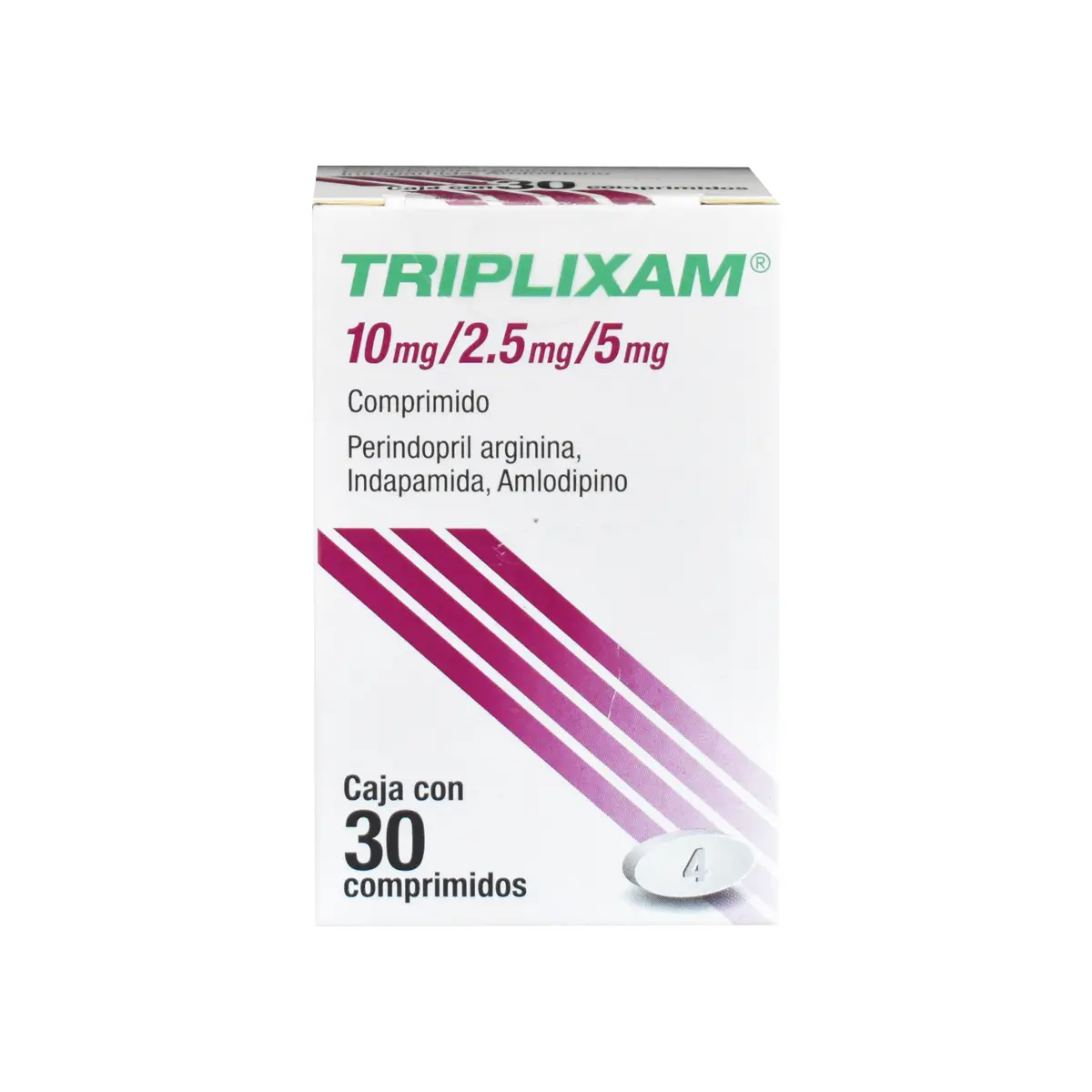 Vista frontal de una caja de Triplixam 10mg/2.5mg/5mg.