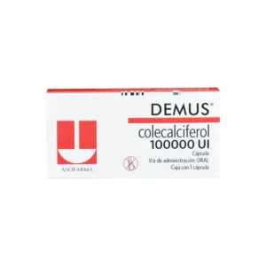 Vista frontal de una caja de Demus Colecalciferol 100000UI.