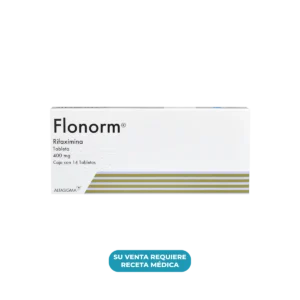Vista frontal de una caja de Flonorm 400mg 14 tabletas.