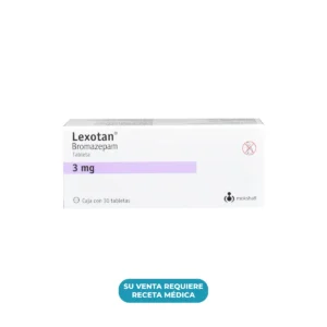 Vista frontal de una caja de Lexotan Bromazepam 3mg con 30 tabletas.