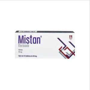 Vista frontal de una caja de Mistan 90mg de 14 tabletas.