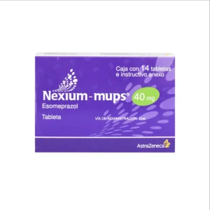 Vista frontal de una caja de Nexium-mups 20mg con 14 tabletas.