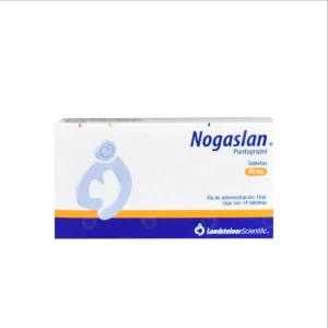 Vista frontal de una caja de Nogaslan Pantoprazol de 40mg con 14 tabletas.