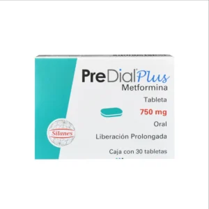 Vista frontal de una caja de Predial Plus Metformina 750mg de 30 tabletas.