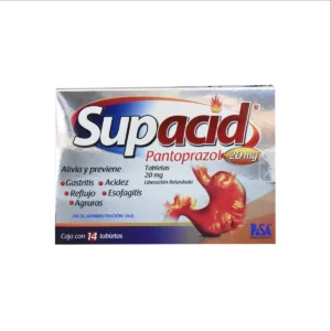 Vista frontal de una caja de Supacid 20mg 14 tabletas.