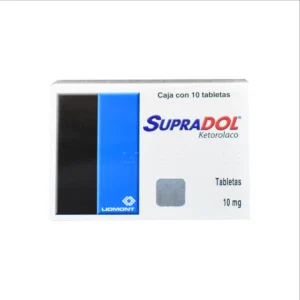 Vista frontal de una caja de Supradol 10mg.