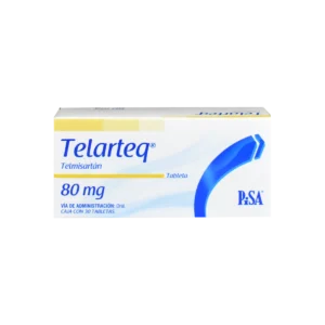 Vista frontal de una caja de Telarteq 80mg.