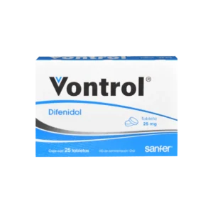 Vista frontal de una caja de Vontrol 25mg 25tab.