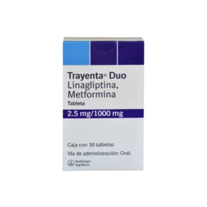 Vista frontal de una caja de Trayenta Duo 2.5mg/1000mg.