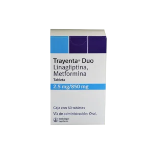 Vista frontal de una caja de Trayenta Duo 2.5mg/850mg.