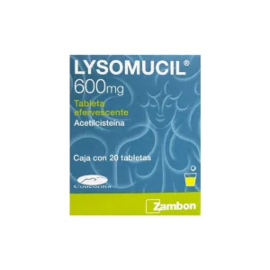 Vista frontal de una caja de Lysomucil.