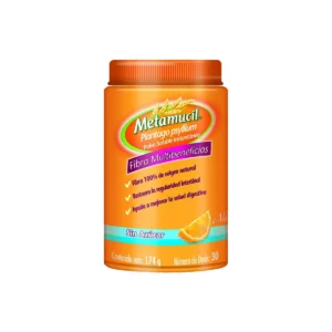 Vista frontal de un bote de Metamucil.
